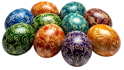 Happy easter sunday isolated on transparent background colorful decorated eggs