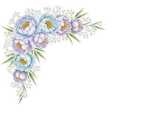 Delicate hand painted watercolor corner border with peonies and baby's breath in pastel blue and lavender isolated on white background