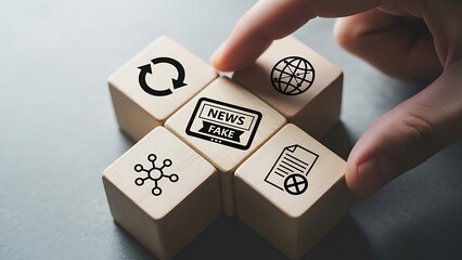Hand selecting fake news wooden block among media and communication icons on neutral background for misinformation concept