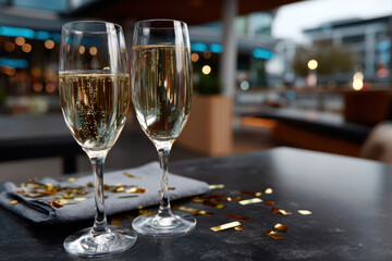 Two beautifully arranged champagne glasses on a festive table, capturing the essence of celebration and luxury with confetti scattered around, ideal for event marketing.