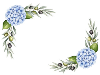 Delicate elegant hand painted watercolor floral corner with hydrangeas and olive branches in pastel blue isolated on white background