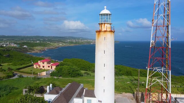 Ragged Point Lighthouse aerial view in historic village of Marley Vale, Saint Philip, Barbados. 