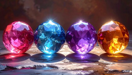 Four luminous, faceted orbs of varying hues, reflecting light on a frosty surface, set against a blurred, golden backdrop