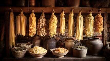 Traditional Italian pasta drying in rustic kitchen, showcasing artisanal food preparation