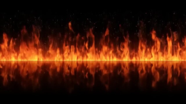 A fiery panorama showing flames reflected on a surface, with a dark background and embers