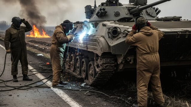 On the shoulder of a shattered road, against a backdrop of a burning field, mechanics in oil-stained coveralls weld a track back onto a damaged Infantry Fighting Vehicle (IFV). Sparks fly around them.