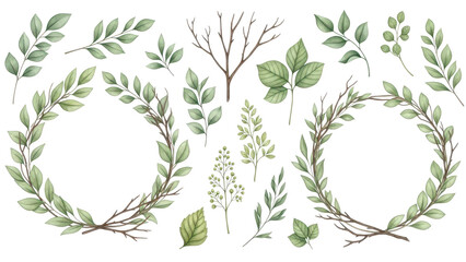 Collection of watercolor greenery branch leaves twigs floral plant forest herbs isolated on white background Botanical spring summer leaf illustration for wedding invitation card, frame and wreath