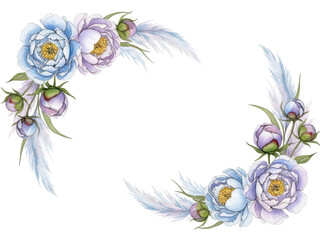 Botanical watercolor corner frame with peonies and pampas grass in pastel blue and lavender isolated on white background