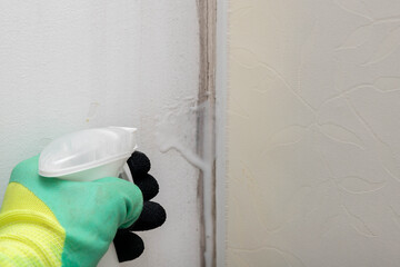 Man with protective mask tries to remove mold