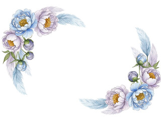 Botanical watercolor corner frame with peonies and pampas grass in pastel blue and lavender isolated on white background