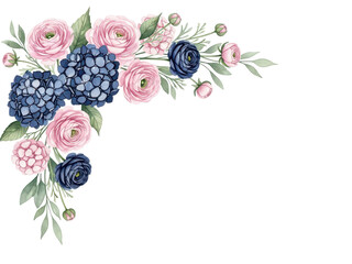 Botanical watercolor corner composition with hydrangeas and ranunculus in navy and blush pink isolated on white background