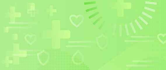 Green abstract healthcare background with soft light shapes, subtle medical crosses, hearts, shield icons. Calm wellness design for health care, prevention, insurance, balance, support, mental health