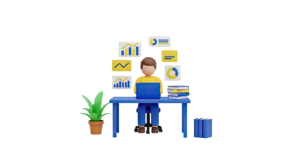 3D Character Working on Laptop with Data Charts