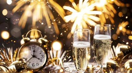 Celebratory New Year Eve Scene with Sparkling Champagne Glasses and Fireworks