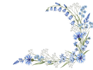 Botanical watercolor border corner with wildflowers and baby's breath in a light pastel blue color scheme isolated on white background