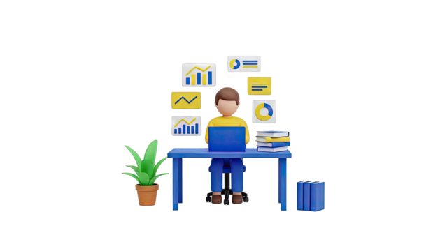 3D Character Working on Laptop with Data Charts - Powered by Adobe