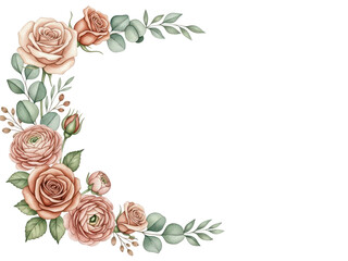 Botanical luxury watercolor corner element featuring roses and ranunculus in muted terracotta isolated on white background