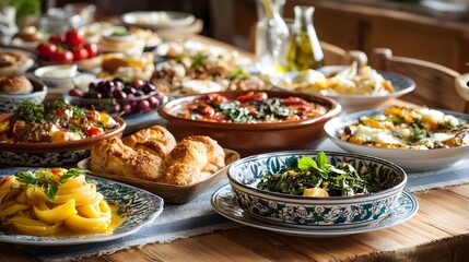 Abundant Mediterranean feast laid out on a rustic wooden table for sharing