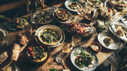 Fototapeta premium Abundant Mediterranean feast laid out on a rustic wooden table with various dishes and wine
