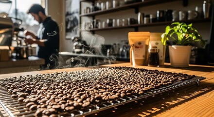 Fototapeta premium Coffee Beans Drying at a Local Coffee Shop.