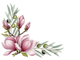 Botanical luxury watercolor corner composition featuring magnolia and olive branches in dusty rose isolated on white background