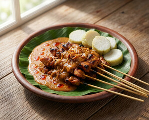 Traditional Indonesian sate served with sliced rice cakes (lontong) and rich peanut sauce topped with chili oil on a banana leaf lined plate.
