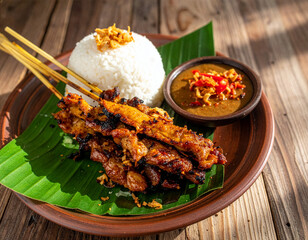 Delicious grilled chicken skewers served with white rice, spicy peanut sauce, and fried shallots on a traditional clay plate with banana leaf.