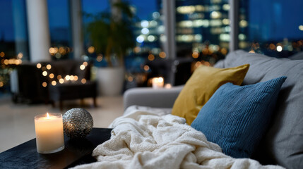 A warm and inviting living room features cozy textiles, candles, and a stunning city view, perfect for intimate gatherings and evening relaxation amidst soft lighting.