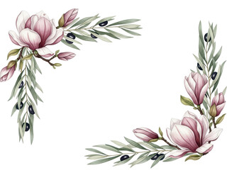Botanical luxury watercolor corner composition featuring magnolia and olive branches in dusty rose isolated on white background