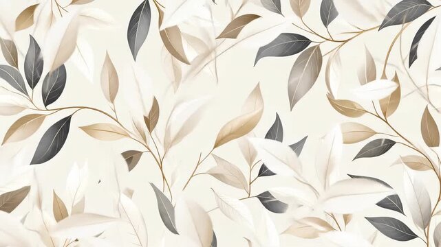 Elegant botanical pattern with white, gold and grey leaves on a light background.