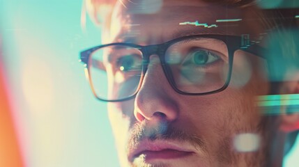 Close Up Young Man Wearing Glasses Analyzing Data with Digital Graphs in Modern Office