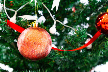 Red Christmas Ornaments Hanging on Green Pine Tree Branch