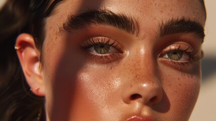 Close Up Young Woman with Freckles and Green Eyes in Natural Sunlight