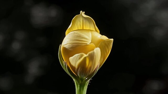 Beautiful yellow flower bud opening its petals against a dark, blurred background, showcasing the wonderful process of blooming and the miracle of nature unfolding in a beautiful spectacle
