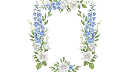 Blue delphinium and white rose watercolor border Vertical floral frame for wedding program and menu