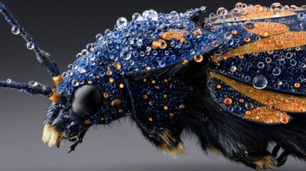 Close-up of a Detailed Butterfly with Water Droplets on Wings and Body in Macro Shot