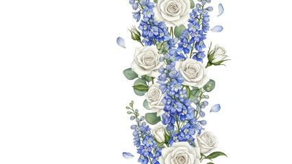 Blue delphinium and white rose watercolor border Vertical floral frame for wedding program and menu