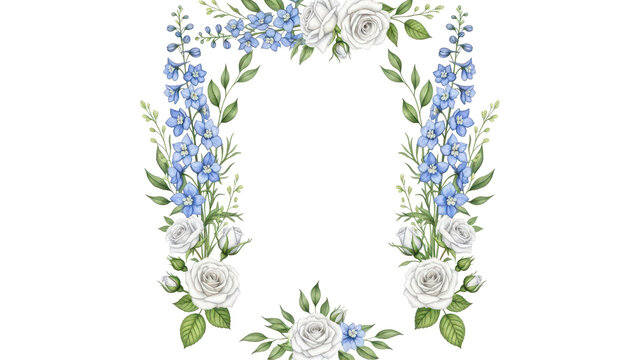 Blue delphinium and white rose watercolor border Vertical floral frame for wedding program and menu