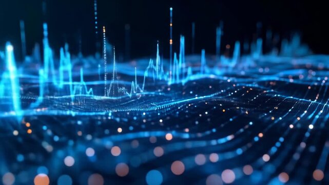 Abstract blue digital landscape with glowing lines and particles, representing data flow.