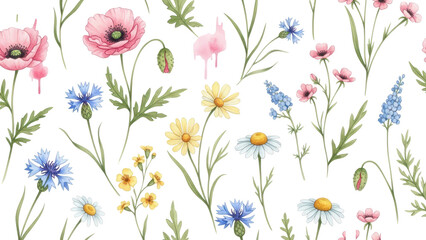 Beautiful vector seamless floral pattern with watercolor hand drawn gentle summer flowers Stock illustration Natural artwork