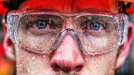 Close-up of Male Cyclist Wearing Protective Glasses and Red Helmet with Water Droplets in Intense Action Scene