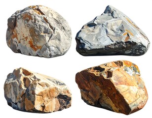 Four natural, textured, and colorful rock formations, showcasing diverse geological features against a white background