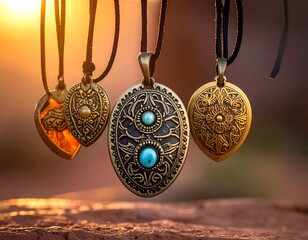 Four ornate pendants of varying shapes, with intricate designs and turquoise accents, suspended against a blurred sunset backdrop