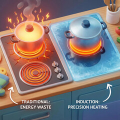 Comparison of traditional electric stove with energy waste and modern induction cooktop with precision heating in kitchen interior, energy efficiency and appliance technology concept.