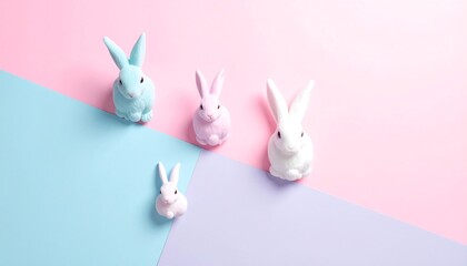 Four pastel-colored rabbit figurines artfully arranged on diagonally split pink and blue background, evoking springtime