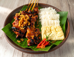 Delicious grilled chicken skewers served with white rice cakes, a large crunchy cracker, and fresh red chilies on a traditional banana leaf plate.