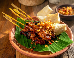 Grilled meat skewers topped with crispy fried shallots, served with ketupat rice cakes on a traditional banana leaf and clay plate.