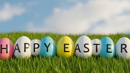 Happy easter sunday greeting with colorful eggs in green grass