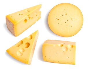 Four pieces of cheese, including wedges and a round block, are arranged against a white background