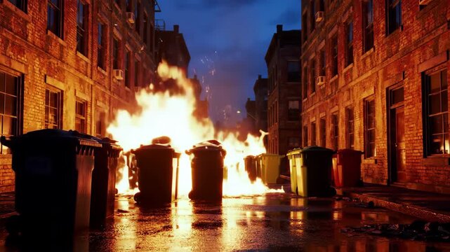Burning trash cans on a dark street at night with flames engulfing the scene and light reflecting on the wet pavement with brick buildings.